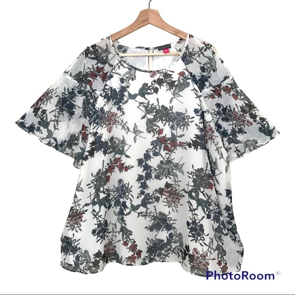 Vince Camuto Floral Flutter Sleeve Blouse | White Lined Top | Blue Red Flowers - Picture 4 of 16
